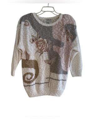 Michelle Stuart Cottagecore Grandma Crewneck Patchwork Floral Sweater Cream L
